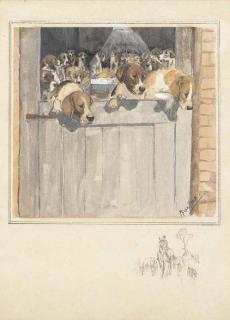 Michael Lyne - Hounds at a kennel door