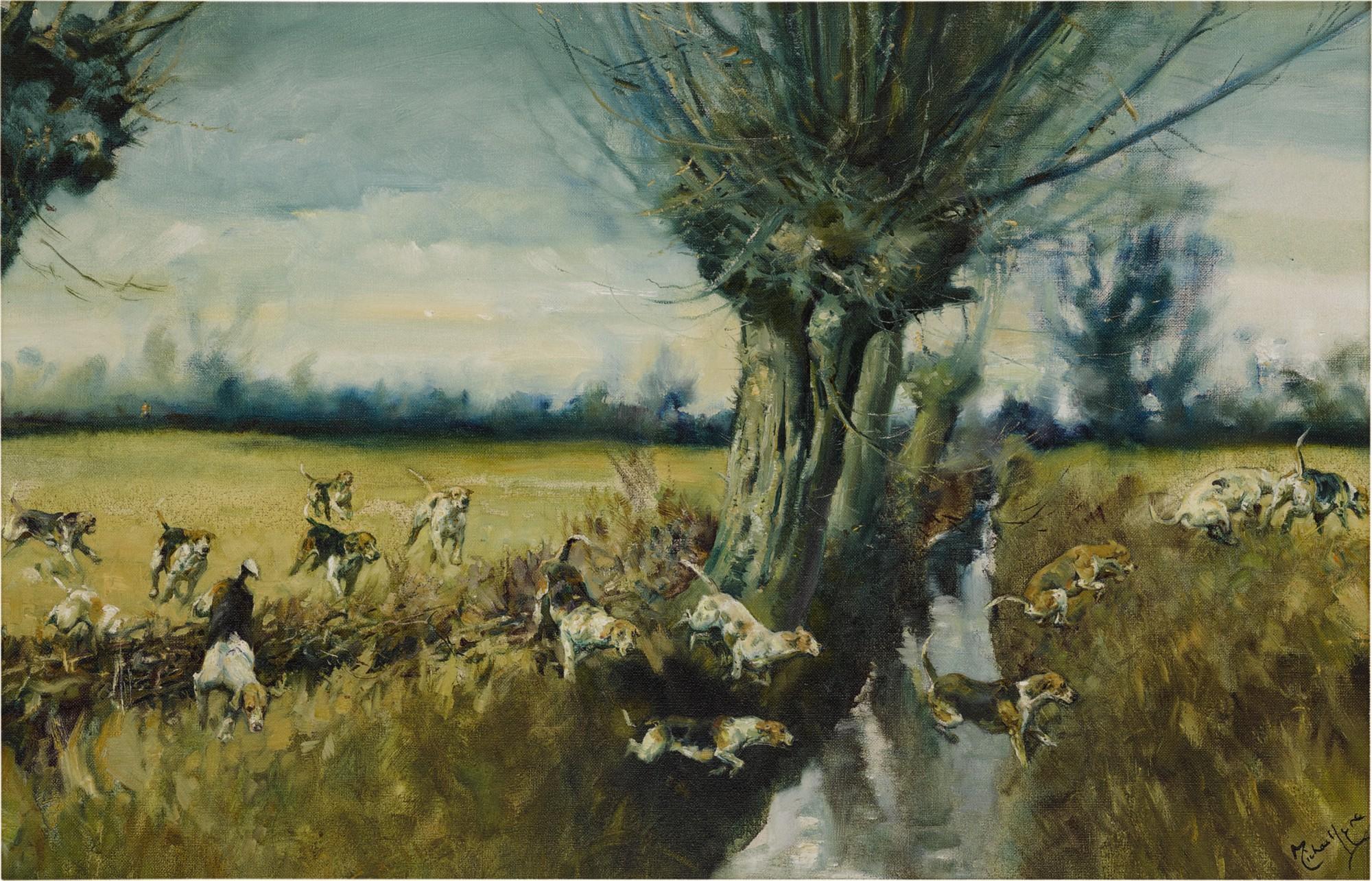 Michael Lyne - Hounds Crossing A Ditch With The Vale Of The White Horse Hunt