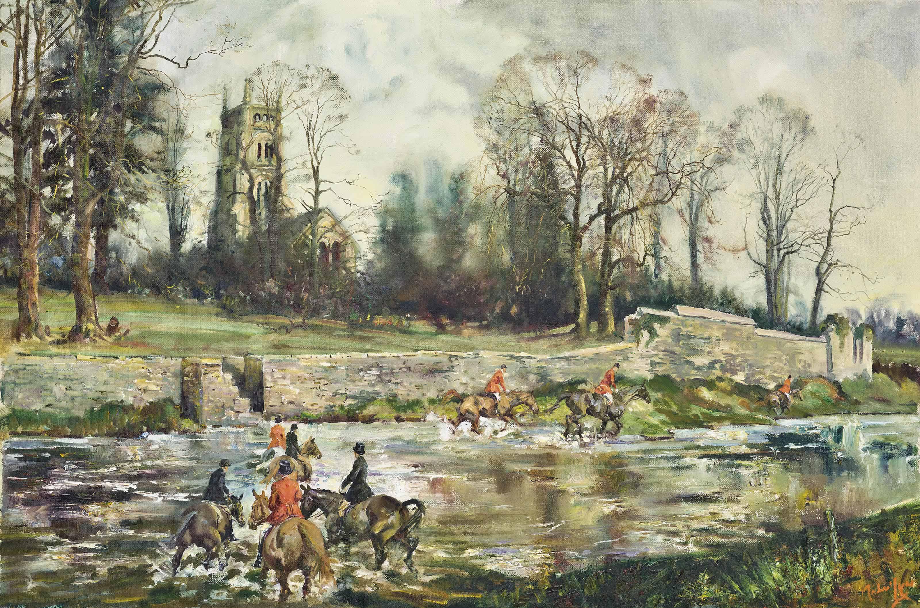 Michael Lyne - The Vale of the White Horse Hunt crossing the Thames at Kempsford