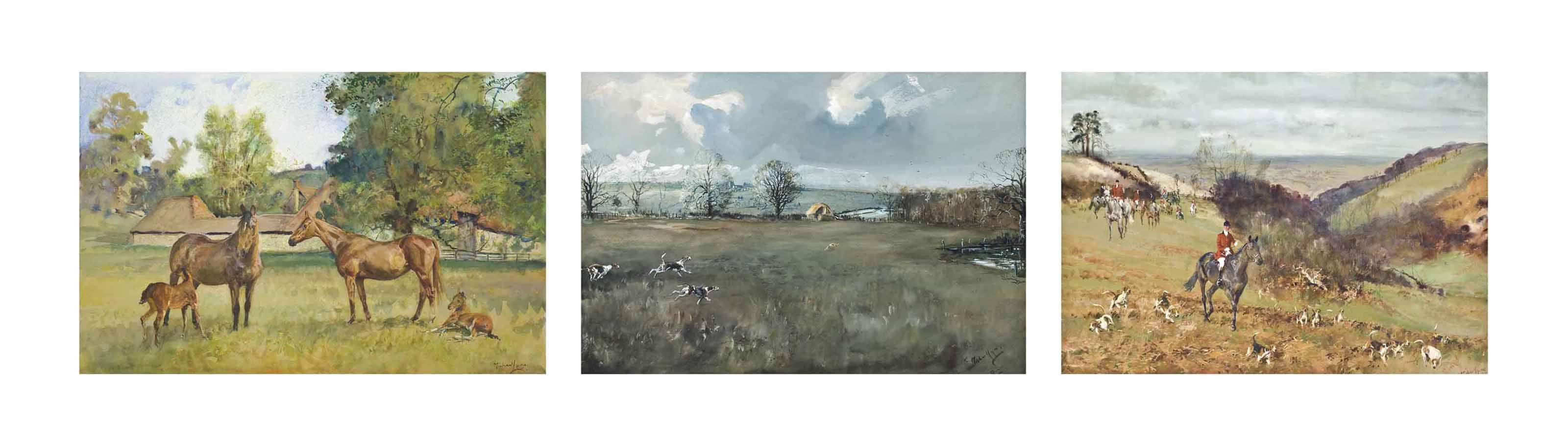 Michael Lyne - Warwickshire Hunt, near Hidcot; The Quorn, New Plantation, away from Scraptoft Gorse; and Two mares and foals