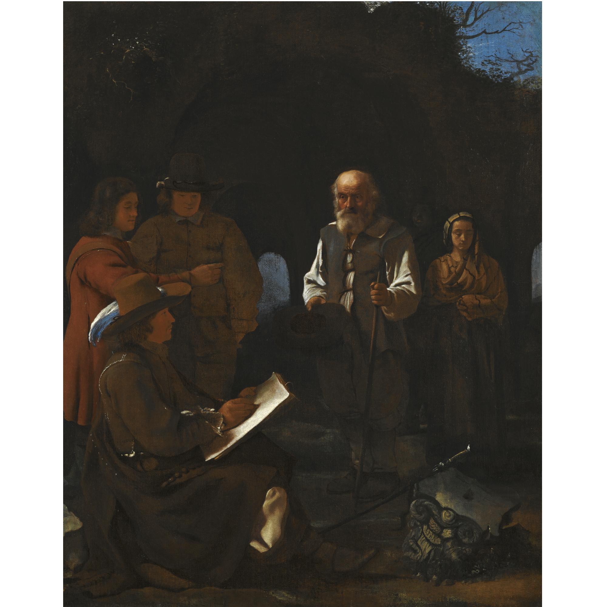 Michael Sweerts - A Young Artist Seated Drawing Among Roman Ruins, Two Friends Behind Him And A Beggar With His Family Before Him 