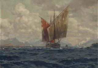 Michael Zeno Diemer - A Mediterranean fishing vessel running before the wind off a mountainous coastline