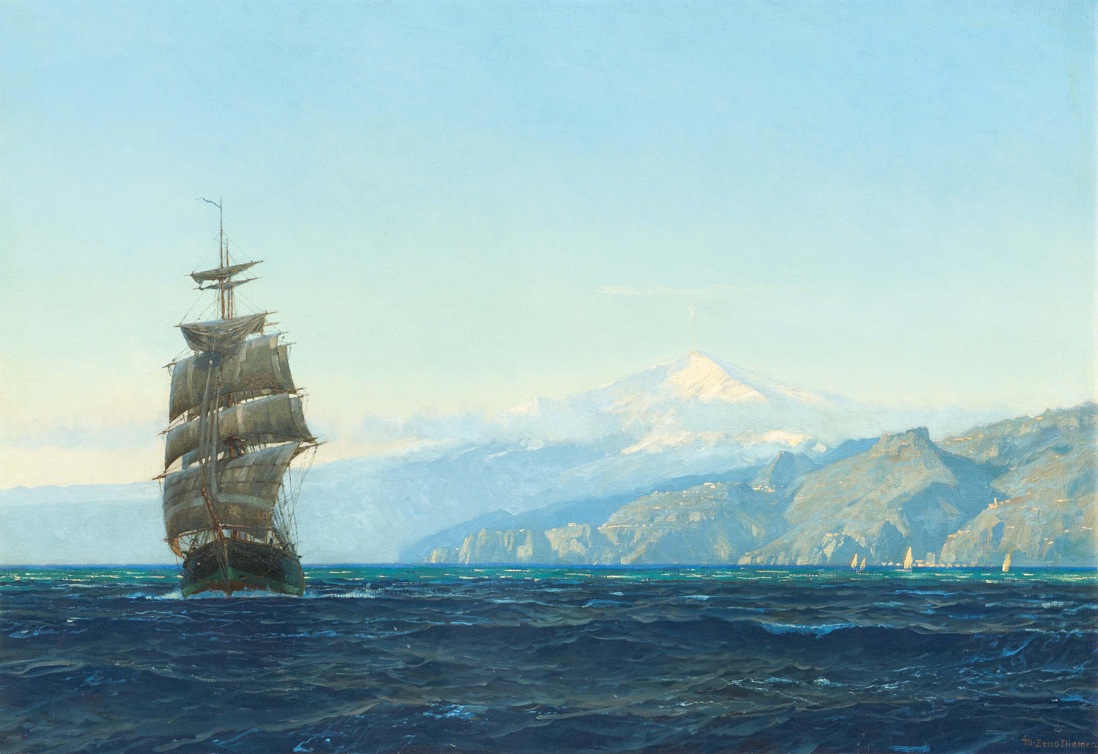 Michael Zeno Diemer - Segler auf der Straße von Messina vor dem Aetna.