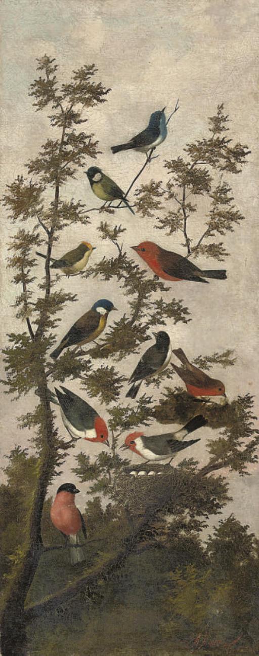 Michaelangelo Meucci - Songbirds in a tree (illustrated); and Pigeons on a wall, with birds in a tree