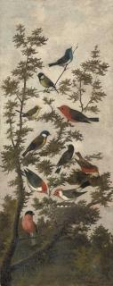 Michaelangelo Meucci - Songbirds in a tree (illustrated); and Pigeons on a wall, with birds in a tree