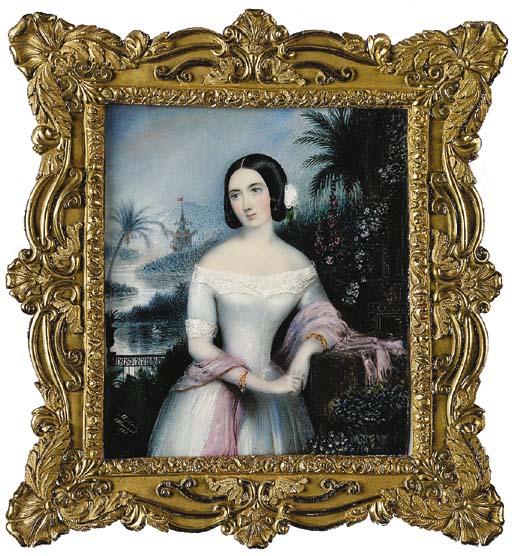Michaelo Albanesi - Anna Salisbury, standing in a garden, facing left in lace-bordered white dress, white shawl draped around her arms, white rose and foliage in her dark hair; lake and landscape background with Chinese pavilion beyond