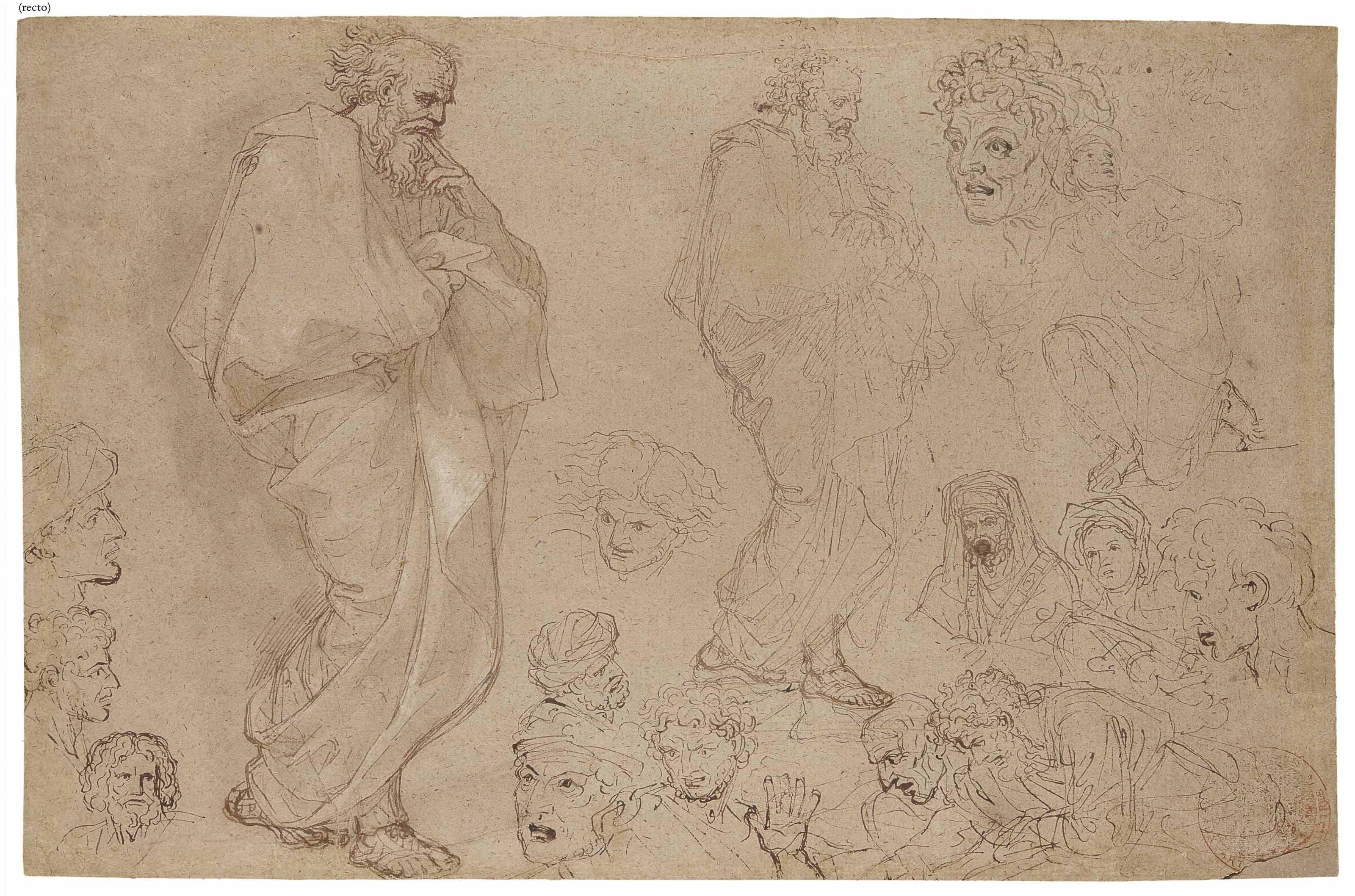 Michel-Ange Corneille - Deux personnages drapés et études de têtes (recto); Etude pour Moïse et le serpent d\'airain (verso)