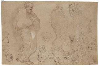 Michel-Ange Corneille - Deux personnages drapés et études de têtes (recto); Etude pour Moïse et le serpent d\'airain (verso)