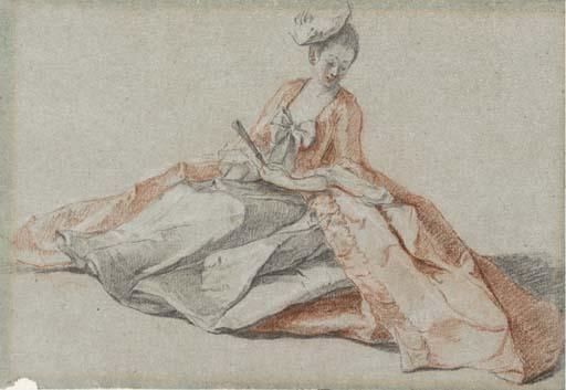 Michel-Barthélémy Ollivier - Study of a young lady with a fan sitting on the ground, looking down