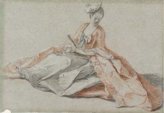 Michel-Barthélémy Ollivier - Study of a young lady with a fan sitting on the ground, looking down