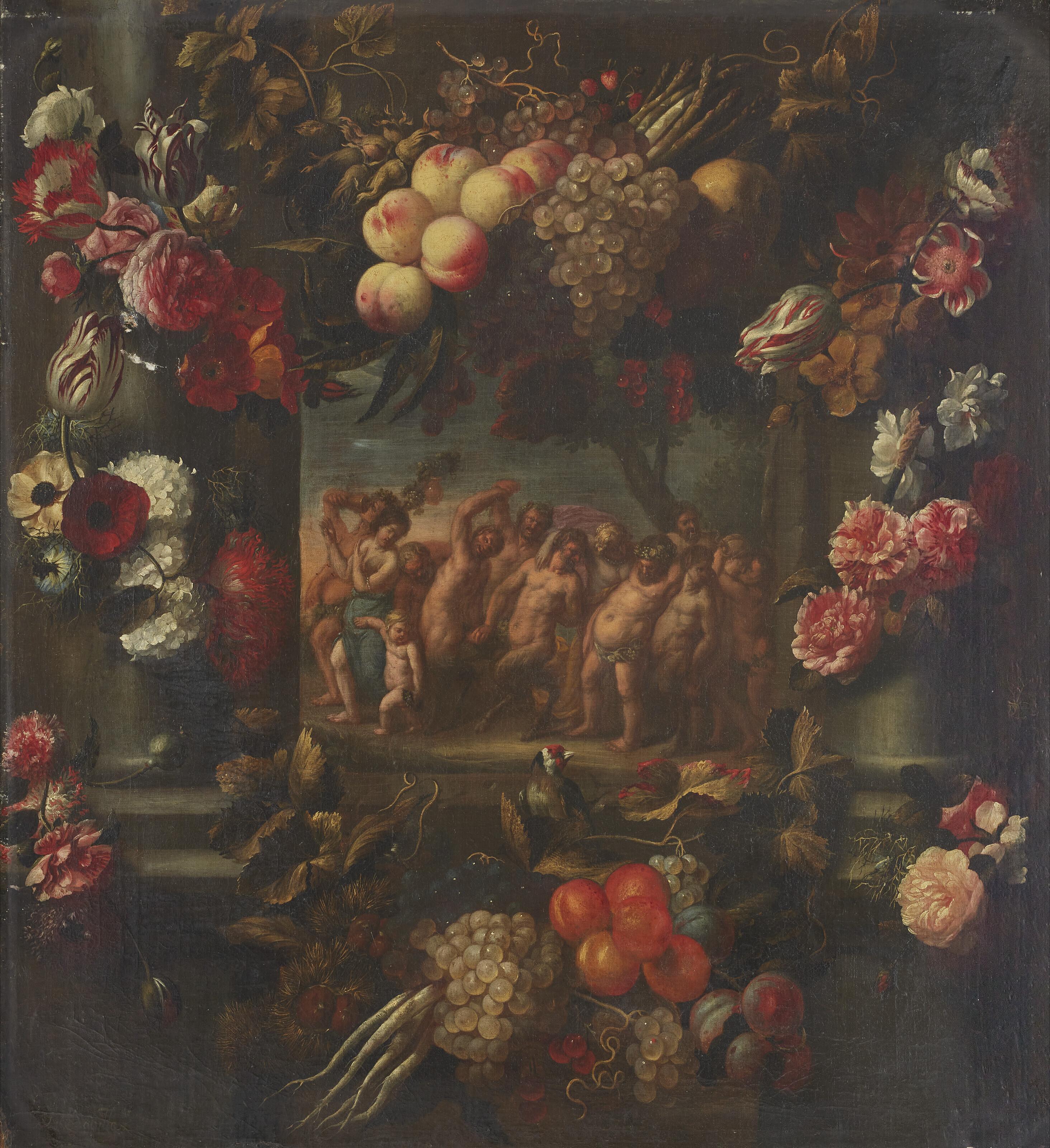 Michel Bouillon - Nature Morte Aux Fleurs, Fruits Et Légumes, Avec Au Centre L\'Ivresse De Bacchus