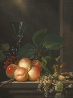 Michel Bouillon - Still Life With Peaches, Redcurrants, Whitecurrants, Hazelnuts And A Glass, Arranged On A Stone Ledge