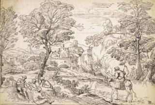 Michel Corneille II - An Extensive Wooded Landscape With A Muleteer On A Path And Card-Players In The Foreground, A Fortified Town Beyond, After Grimaldi
