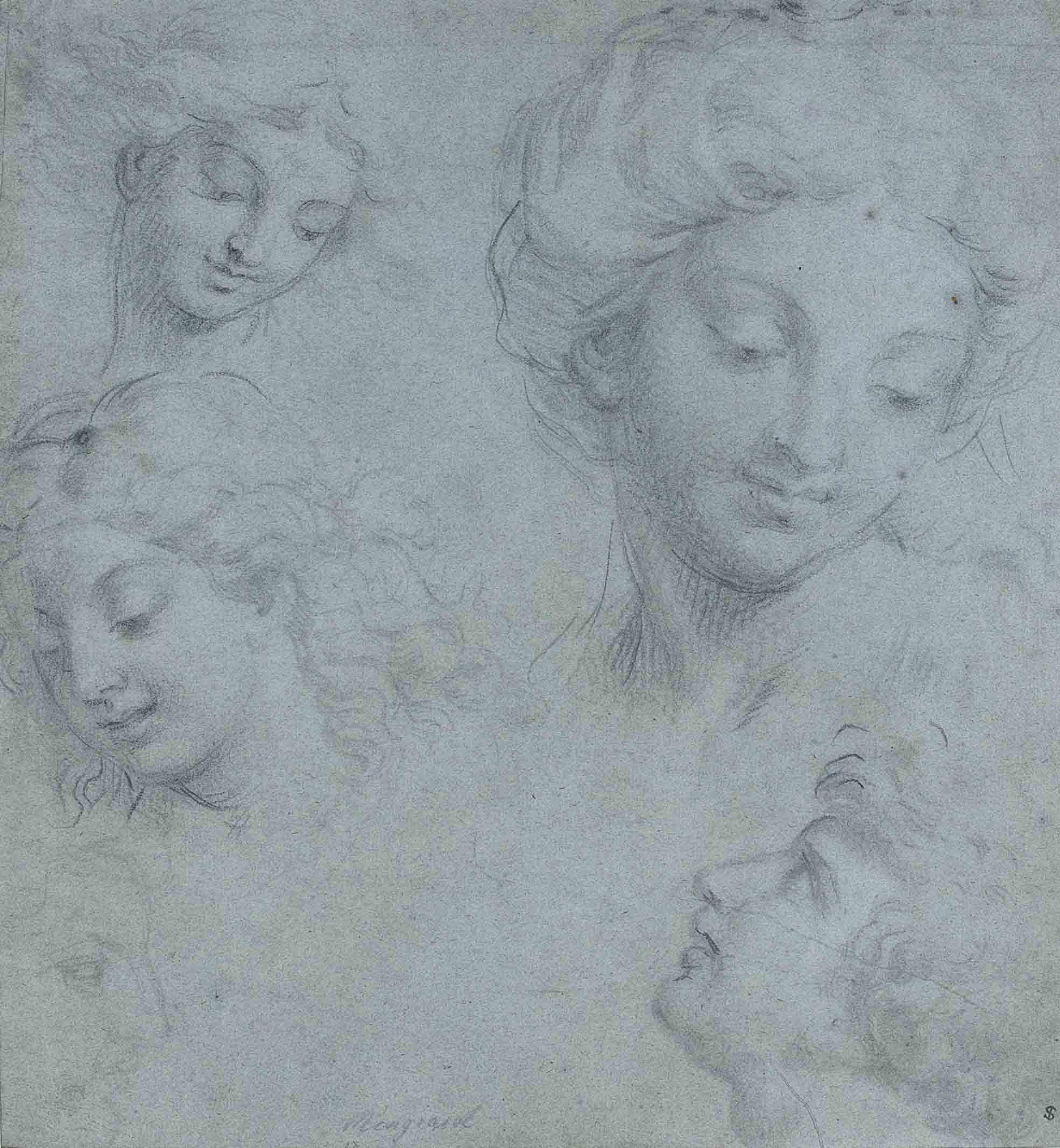 Michel Corneille II - Four head studies of women and young men, an additional fainter profile of a head at lower left
