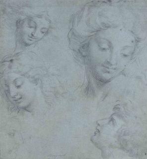 Michel Corneille II - Four head studies of women and young men, an additional fainter profile of a head at lower left