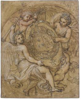 Michel Corneille II - The Coat of Arms of France And Navarre, Surrounded With The Order of Saint Michel, Supported By Fame, Glory And Two Putti
