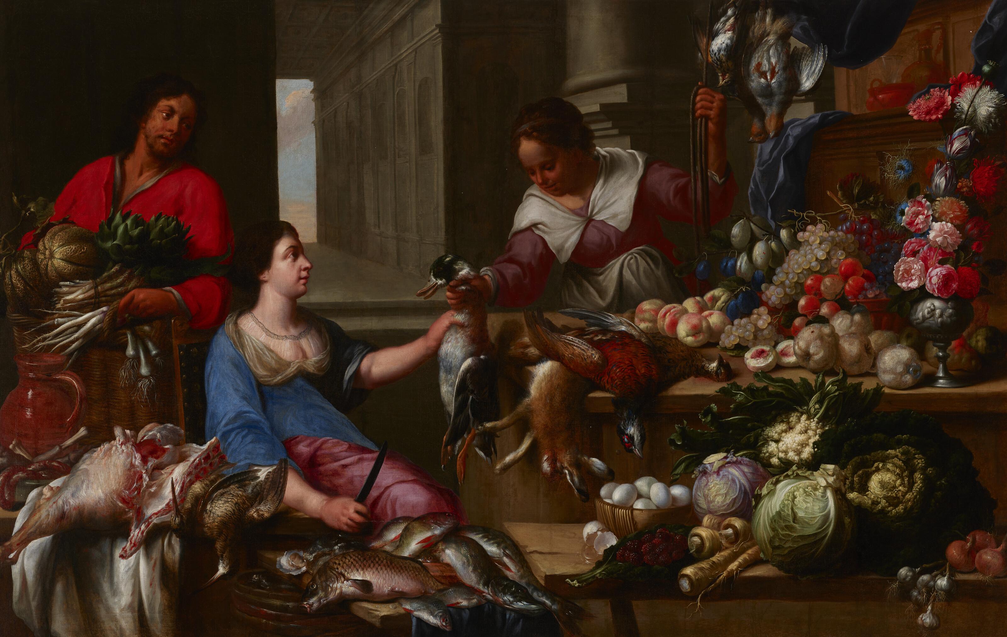 Michel de Bouillon - A kitchen interior with three figures and with fruits, vegetables, poultry, fish, hares, and a bouquet of flowers