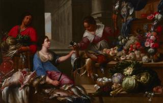 Michel de Bouillon - A kitchen interior with three figures and with fruits, vegetables, poultry, fish, hares, and a bouquet of flowers