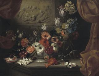 Michel De Bouillon - Poppies, a rose, a tulip and other flowers in a low vase with flowers in a roemer on a stone ledge with a relief and curtains