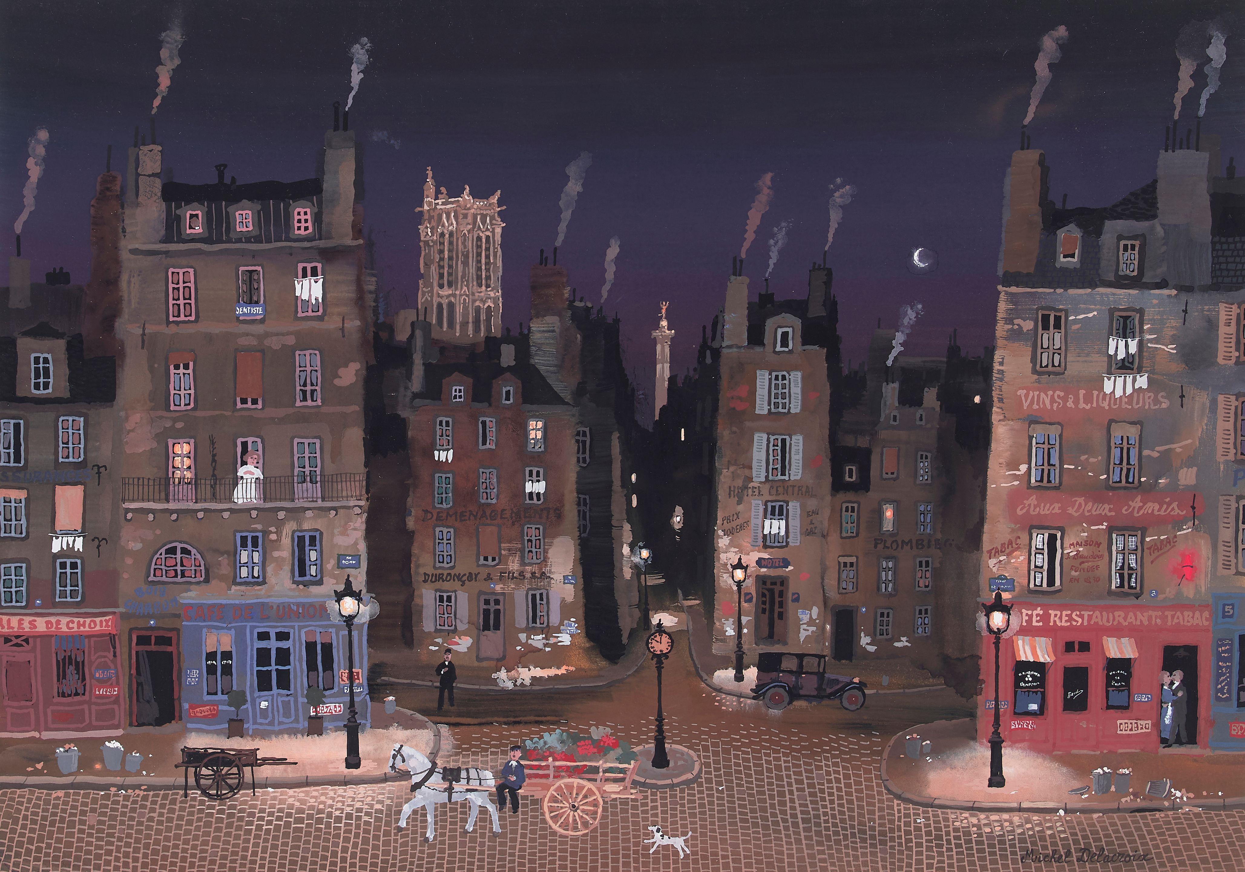 Michel Delacroix - Parisian scene at night 13 3/4 x 19 1/2in (35 x 49.5cm)