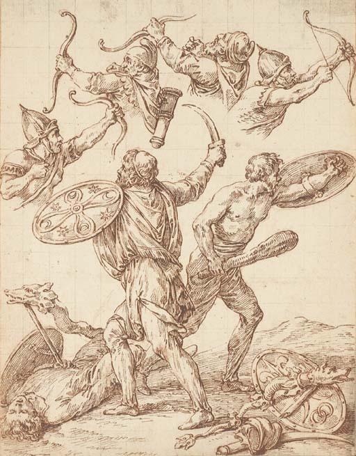 Michel-François Dandré-Bardon - Etudes de soldats, dont un à terre, pour Le costume des Anciens peuples