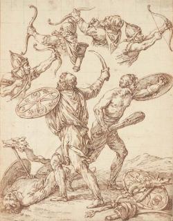 Michel-François Dandré-Bardon - Etudes de soldats, dont un à terre, pour Le costume des Anciens peuples