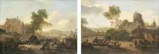 Michel Hamon Duplessis - An extensive landscape with peasants and travellers by a tent; and An extensive landscape with peasants and travellers, a town beyond