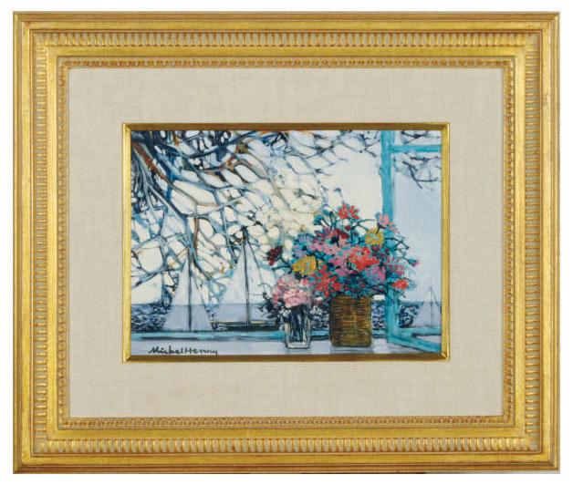 Michel Henry - Still life of colorful flowers in vases on a ledge with sailboats in the background