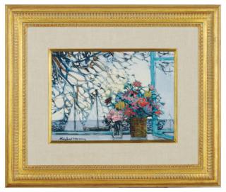 Michel Henry - Still life of colorful flowers in vases on a ledge with sailboats in the background