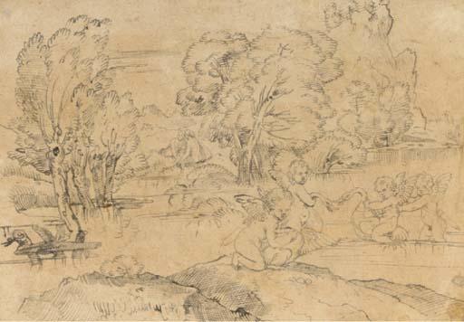 Michel II Corneille - Des putti jouant avec des cygnes sur un lac, deux femmes au second plan, d\'après Carracci