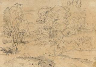 Michel II Corneille - Des putti jouant avec des cygnes sur un lac, deux femmes au second plan, d\'après Carracci