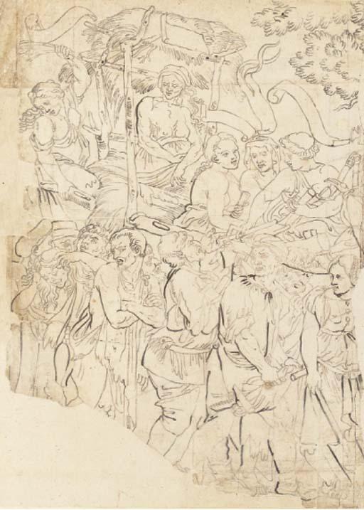 Michel II Corneille - Une procession avec des hommes et des femmes tenant des instruments et portant une femme