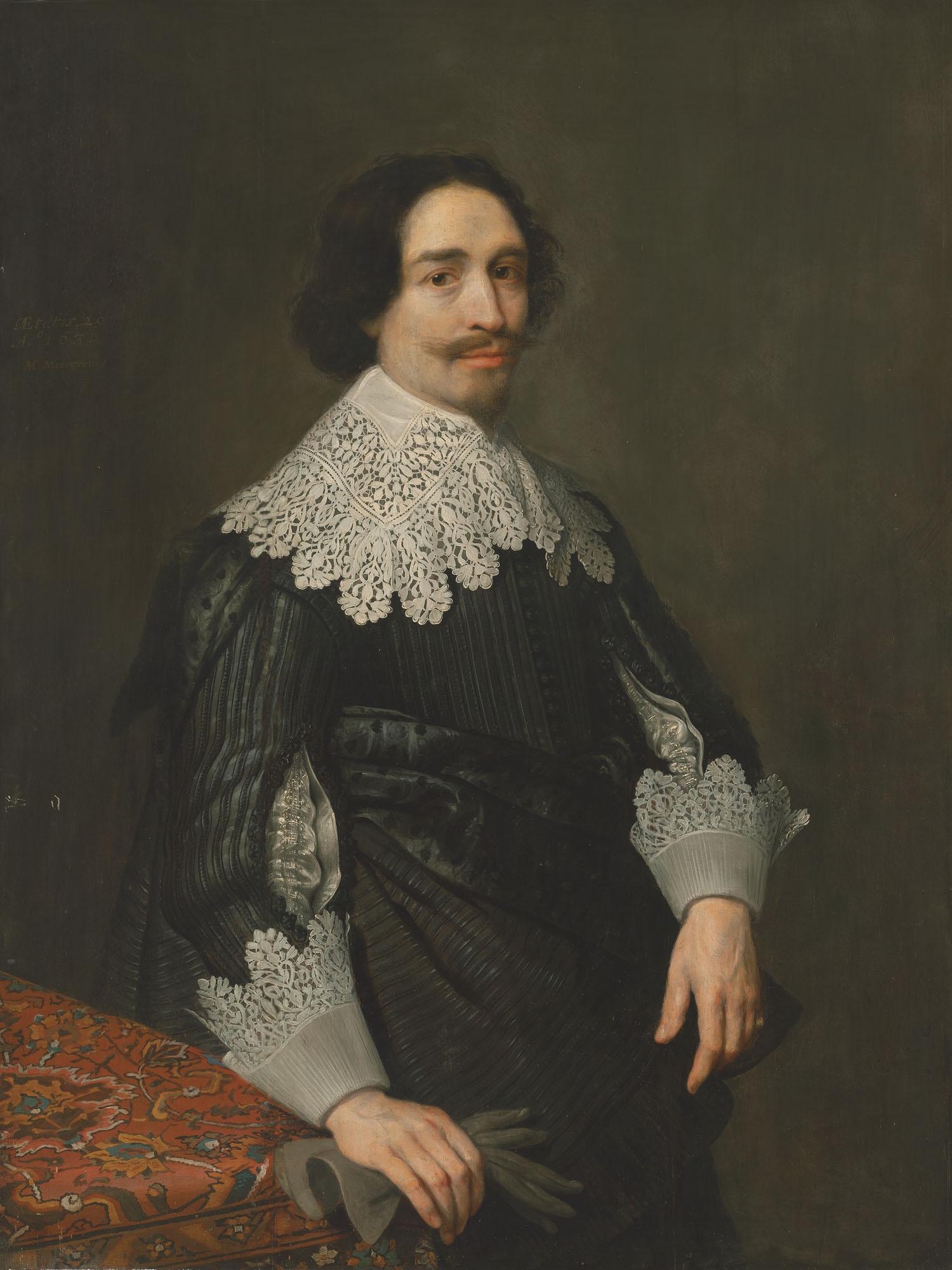 Michel Jansz. Van Mierevelt - Portrait of a gentleman, aged 29, three-quarter-length, in a black slashed-sleeve doublet and lace collar