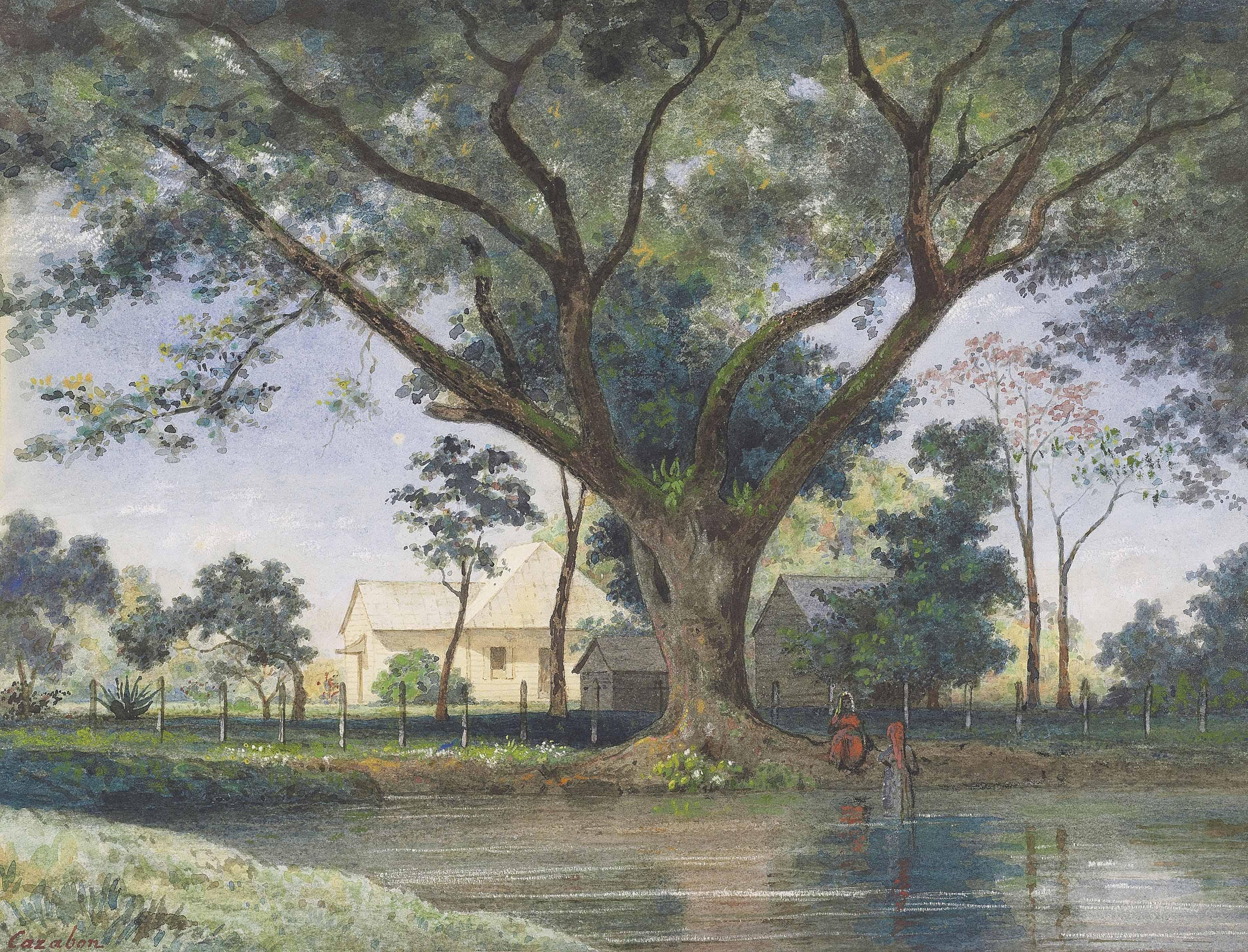 Michel Jean Cazabon - Figures Bathing In A Pool, Plantation Houses Beyond, Trinidad