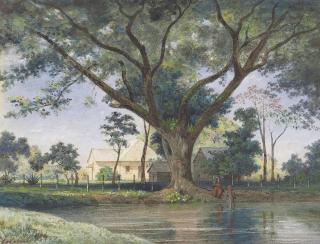 Michel Jean Cazabon - Figures Bathing In A Pool, Plantation Houses Beyond, Trinidad