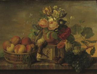 Michel Joseph Speeckaert - A still life with peaches, flowers and grapes on a ledge