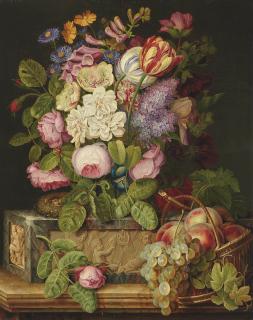 Michel Joseph Speeckaert - Roses, tulips and other flowers on a sculpted plinth, with a nest and peaches and grapes in a wicker basket