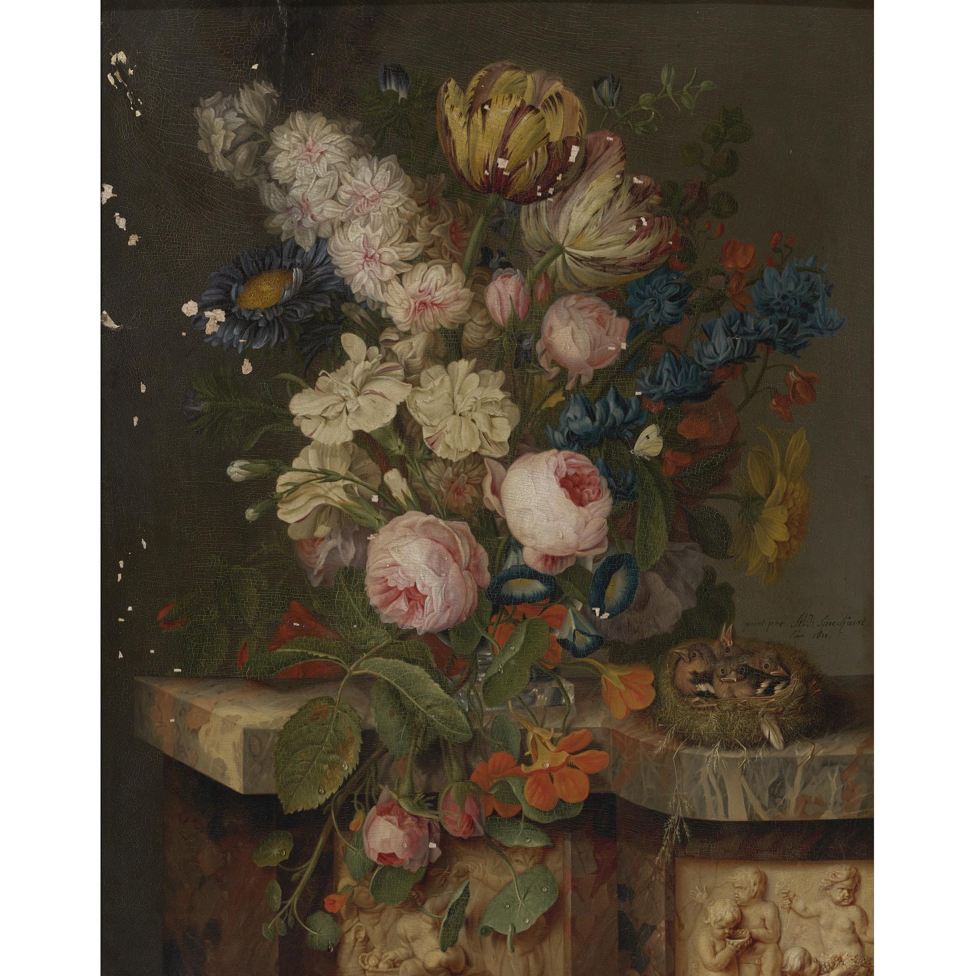 Michel Joseph Speeckaert - Still Life With Roses And Baby Chicks