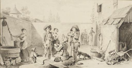 Michel-Martin Drolling - Vue de la cour intérieure d\'une maison avec des personnages discutant, une femme puisant de l\'eau et un enfant jouant
