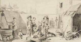 Michel-Martin Drolling - Vue de la cour intérieure d\'une maison avec des personnages discutant, une femme puisant de l\'eau et un enfant jouant