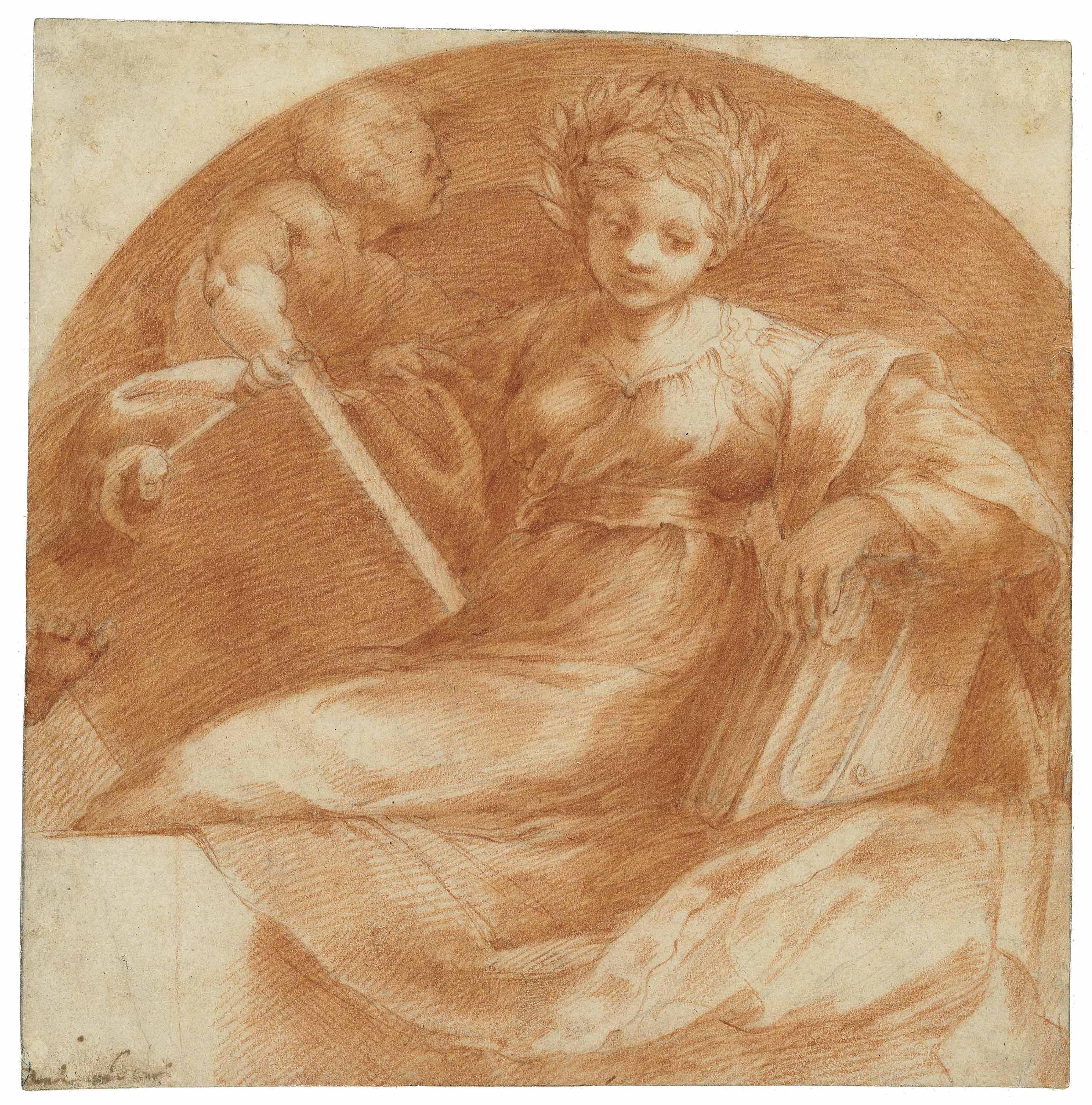 Michelangelo Anselmi - A seated sybil holding books and a tablet with a putto