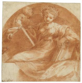 Michelangelo Anselmi - A seated sybil holding books and a tablet with a putto