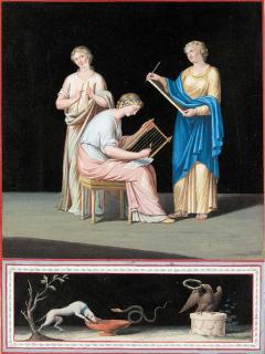 Michelangelo Maestri - Figures above a frieze of birds, possibly Apollo and Daphne; and Three muses above a frieze with a dog, a serpant and an eagle:  Two designs after wall decorations