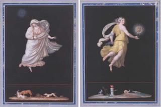 Michelangelo Maestri - Ora Quinta Di Giorno, A Classically Draped Woman With A Solar Disc And A Spray Of Greenery And Ora Terza Di Notte, Of A Classical Woman Holding A Squirrel