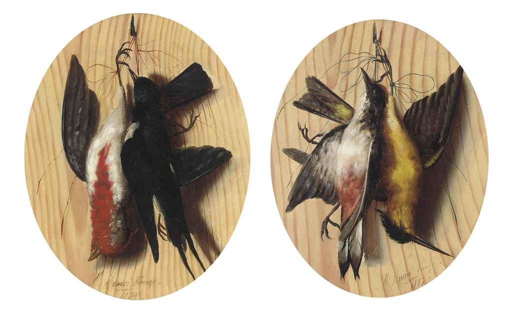 Michelangelo Meucci - A trompe l\'oeil with two songbirds hanging from a nail
