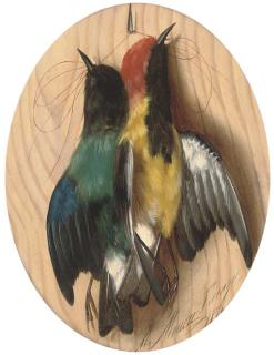 Michelangelo Meucci - Hanging songbirds; two further similar