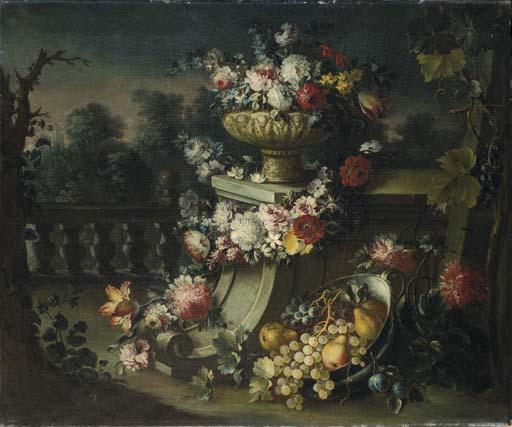 Michele Antonio Rapous - Vaso Con Fiori, Una Ghirlanda di Fiori E Un Bacile Con Pere Ed Uva, In Un Giardino All\'Italiana