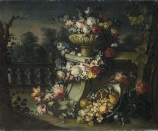 Michele Antonio Rapous - Vaso Con Fiori, Una Ghirlanda di Fiori E Un Bacile Con Pere Ed Uva, In Un Giardino All\'Italiana