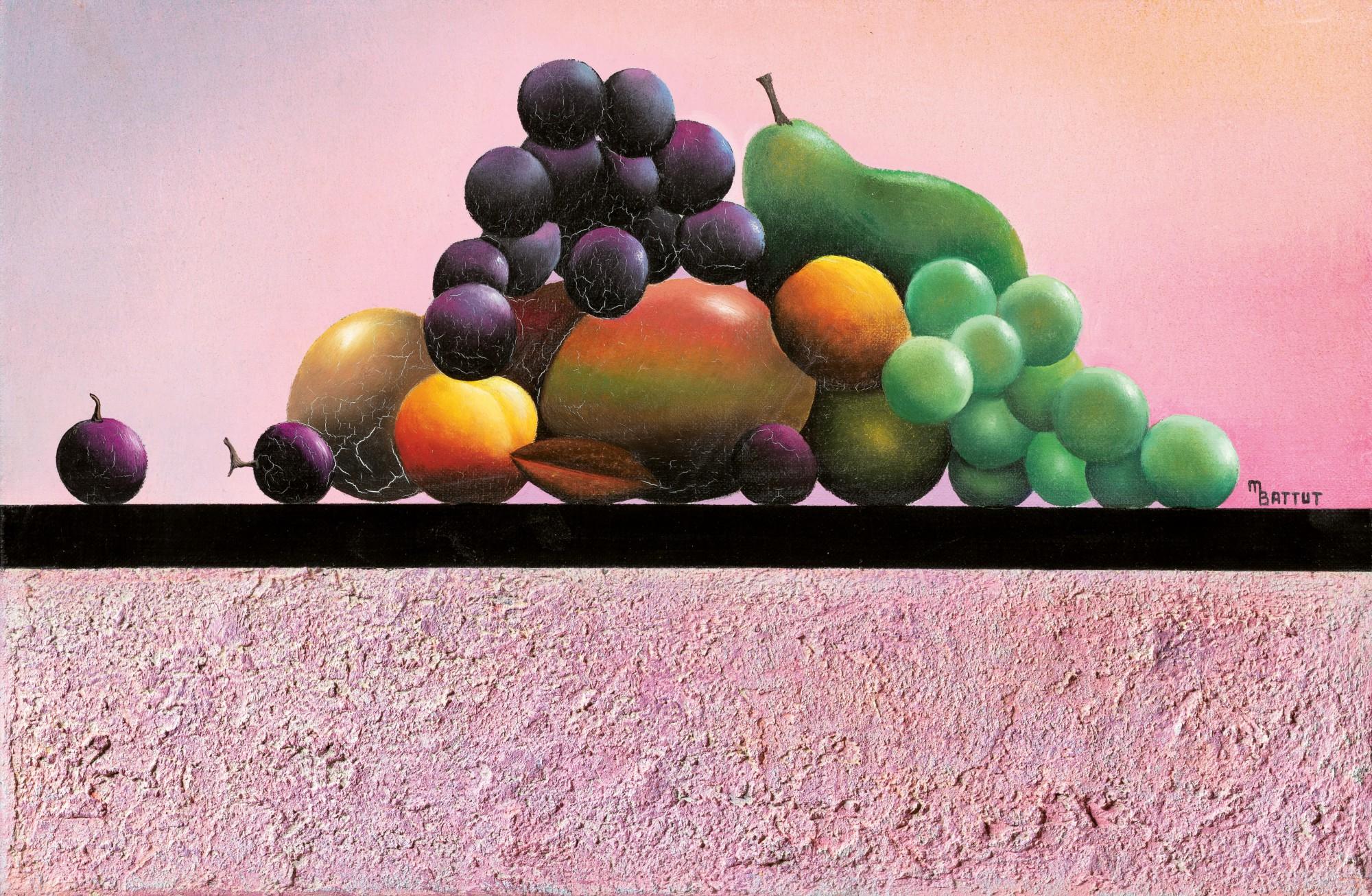 Michèle Battut - Des fruits sur fond rose