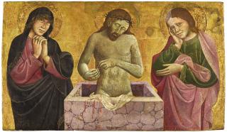 Michele Di Matteo Da Bologna - Christ As The Man Of Sorrows, Flanked By The Madonna And Saint John The Evangelist